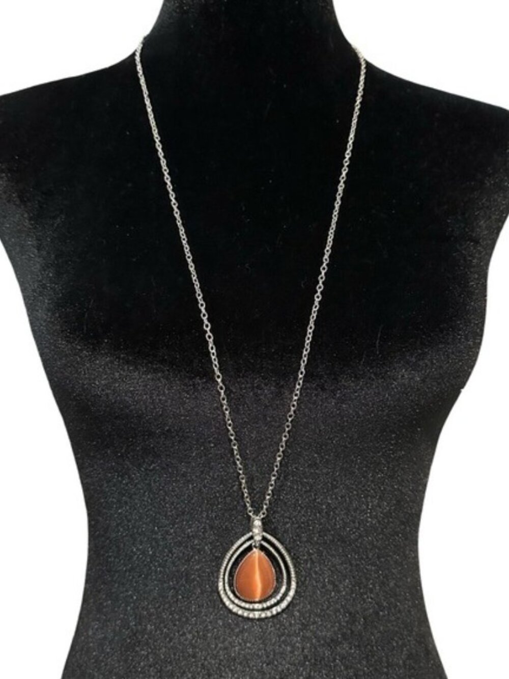 Paparazzi Glow and Tell Necklace Silver Tone Rhinestone Orange Cats Eye